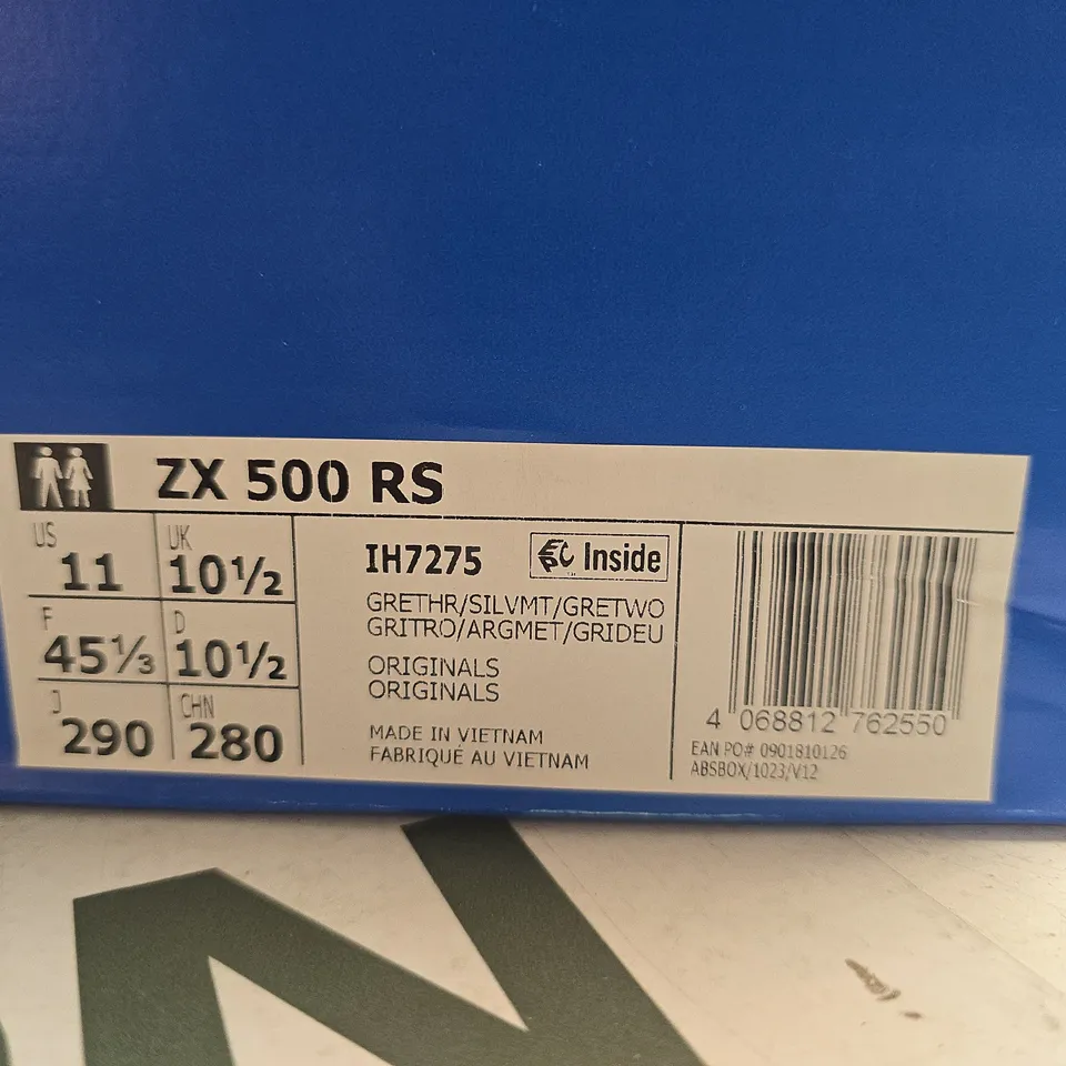 BOXED PAIR OF ADIDAS ZX 500 RS SNEAKERS – GREY/LIGHT GREY, UK 10.5