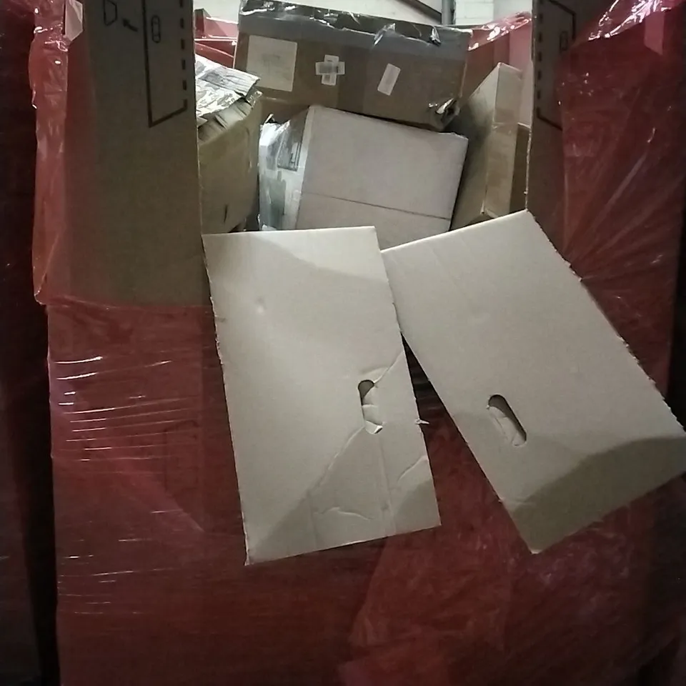 PALLET OF HOUSEHOLD ITEMS TO INCLUDE WALL CLOCK,MONITOR SCREEN PROTECTOR,STAINLESS STEEL PEDAL TRASH BIN,BALANCE BIKE AND OTHER ASSORTED ITEMS...