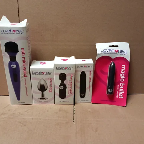LOT OF 5 ASSORTED LOVEHONEY ADULT PLEASURE ITEMS TO INCLUDE BLACK MICRO WAND, MAGIC BULLET AND SECRET SHINE PLUG