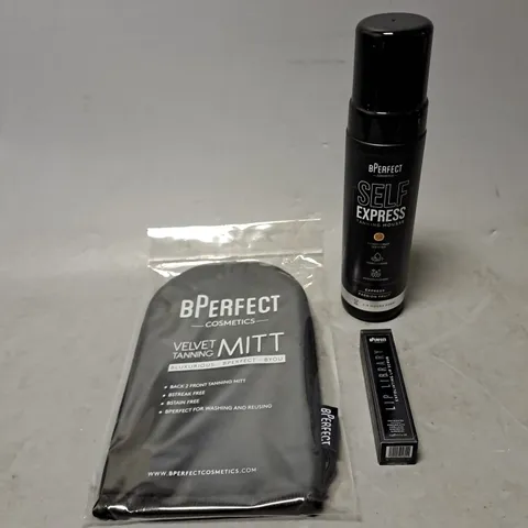 BPERFECT LOT OF 3 ASSORTED COSMETIC PRODUCTS TO INCLUDE - SELF TAN EXPRESS TANNING MOUSSE PASSION FRUIT - LIP LIBRARY LIP SCRUB - VELVET TANNING MITT - ETC