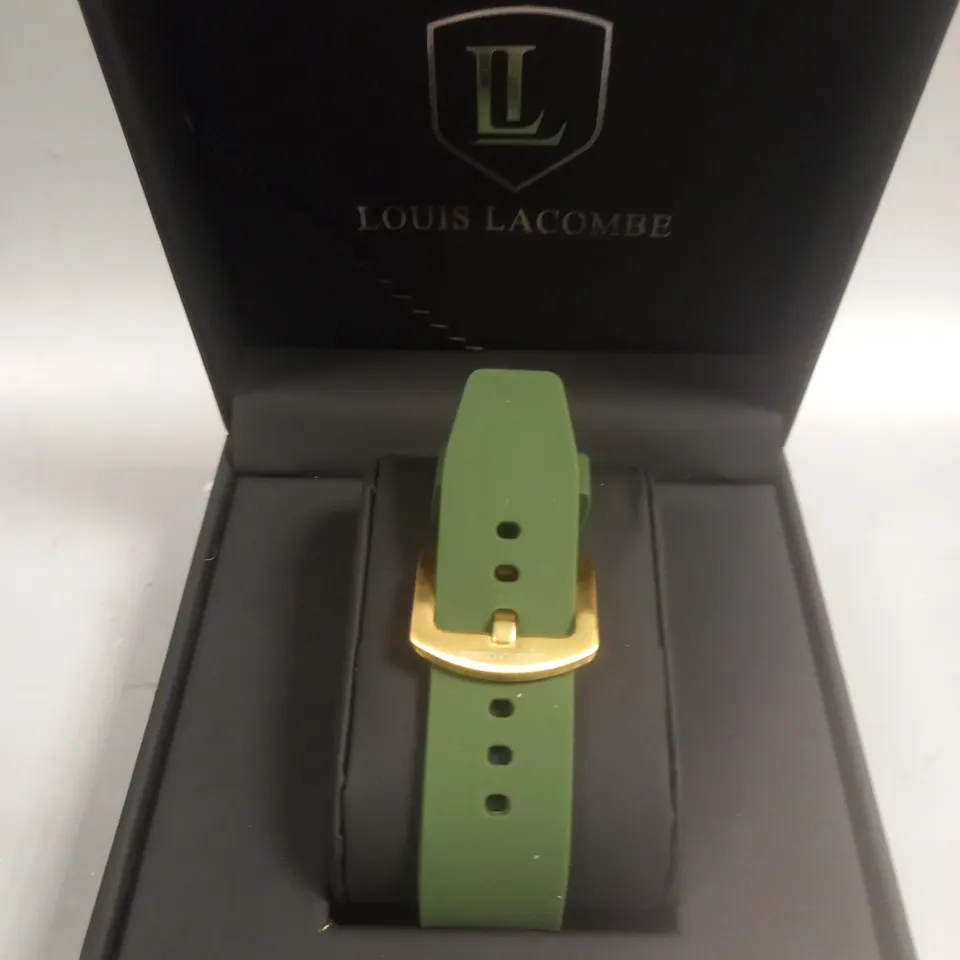 LOUIS LACOMBE MENS CHRONOGRAPH WATCH WITH 3 SUB DIALS AND GOLD COLOUR CASE WITH GREEN RUBBER STRAP IN BOX RRP £380