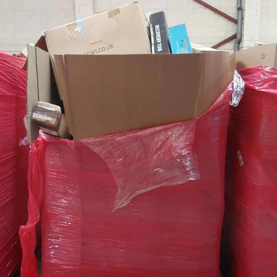 PALLET OF ASSORTED ITEMS INCLUDING:  INLINE SKATES, WOODEN PET SOFA, GAMING CHAIR, INFLATABLE POOL, RECOVERY TUB, PULL-UP BARS ECT