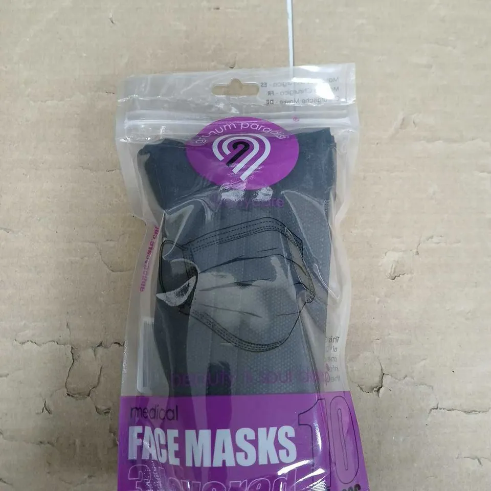 BOX OF APPROXIMATELY 30 PACKS OF MEDICAL 3 LAYERED FACE MASKS - BLACK - 10 MASKS PER PACK