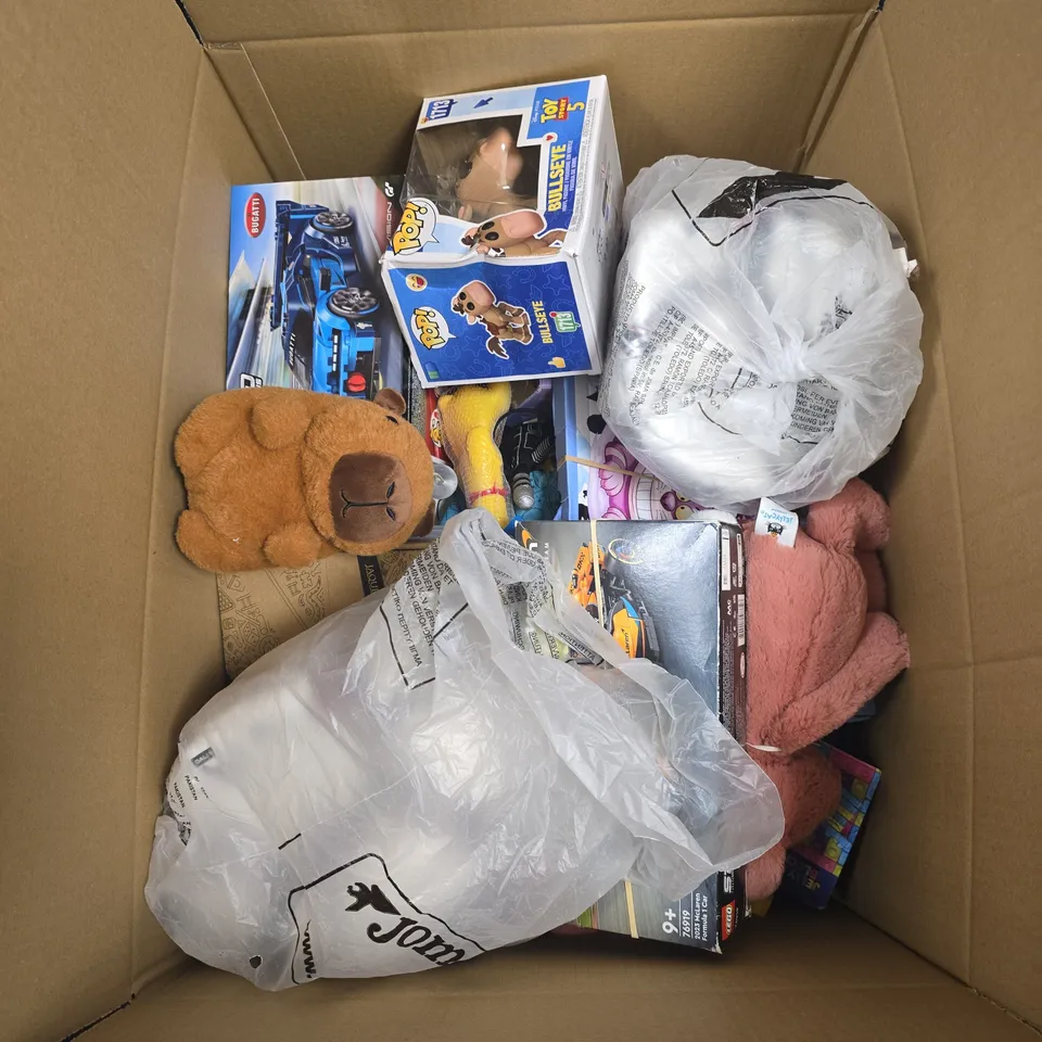 BOX OF APPROXIMATELY 15 ASSORTED TOYS INCLUDING LEGO SPEED CHAMPIONS BUGATTI VISION, POP BULLSEYE AND JOMA FOOTBALL