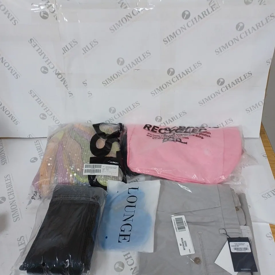 LARGE BOX OF ASSORTED CLOTHING ITEMS IN VARIOUS COLOURS AND SIZES INCLUDING TROUSERS , TOPS AND JUMPERS 