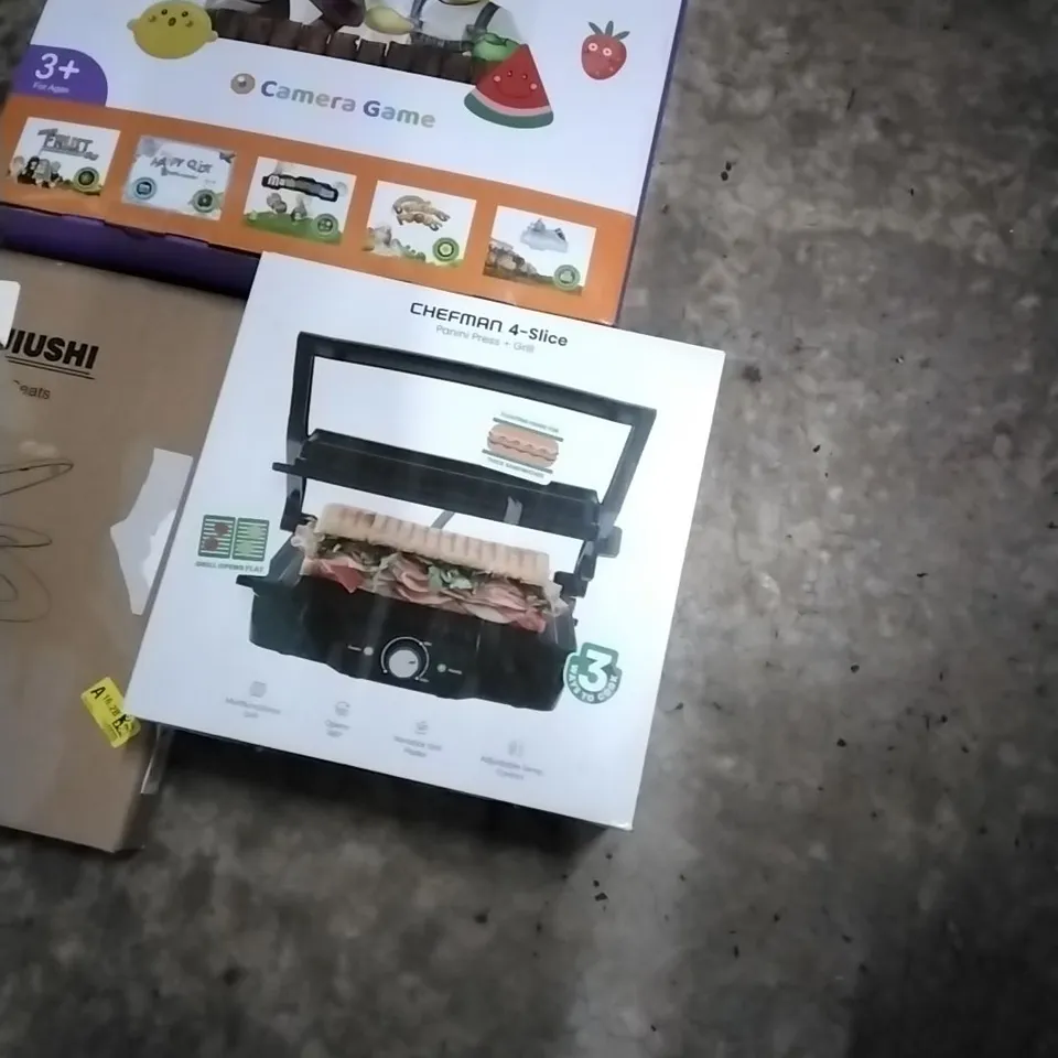 PALLET OF HOUSEHOLD ITEMS TO INCLUDE CHEFMAN 4 SLICE PANINI PRESS, TOILET SEAT ,DANCE MAT,PICTURE FRAME AND OTHER ASSORTED ITEMS...