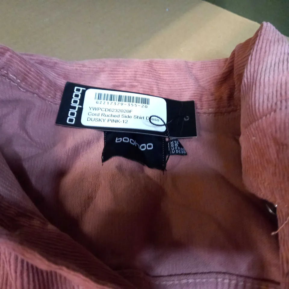 BOOHOO DUSTY PINK CORD RUCHED SIDE SHIRT DRESS - SIZE 12