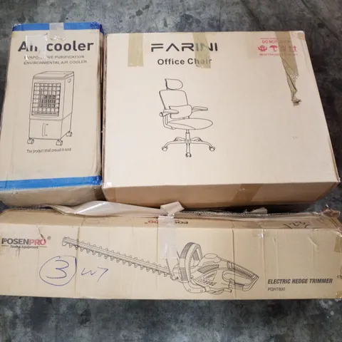 PALLET OF ASSORTED PRODUCTS INCLUDING OFFICE CHAIR, AIR COOLER, ELECTRIC HEDGE TRIMMER, RETRACTABLE SAFETY GATE