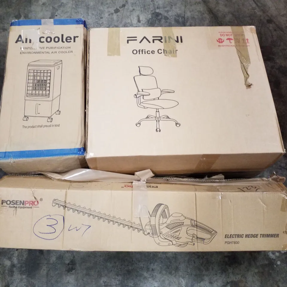 PALLET OF ASSORTED PRODUCTS INCLUDING OFFICE CHAIR, AIR COOLER, ELECTRIC HEDGE TRIMMER, RETRACTABLE SAFETY GATE
