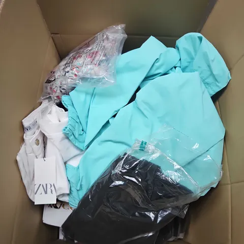 LARGE BOX OF APPROXIMATELY 20 ASSORTED CLOTHING ITEMS IN VARIOUS SIZES, STYLES AND COLOUR