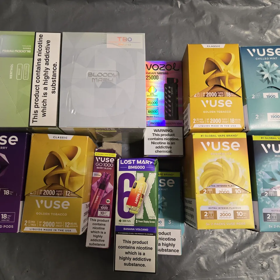APPROXIMATELY 35 ASSORTED E-CIGARETTE PRODUCTS TO INCLUDE - VUSE AND LOST MARY