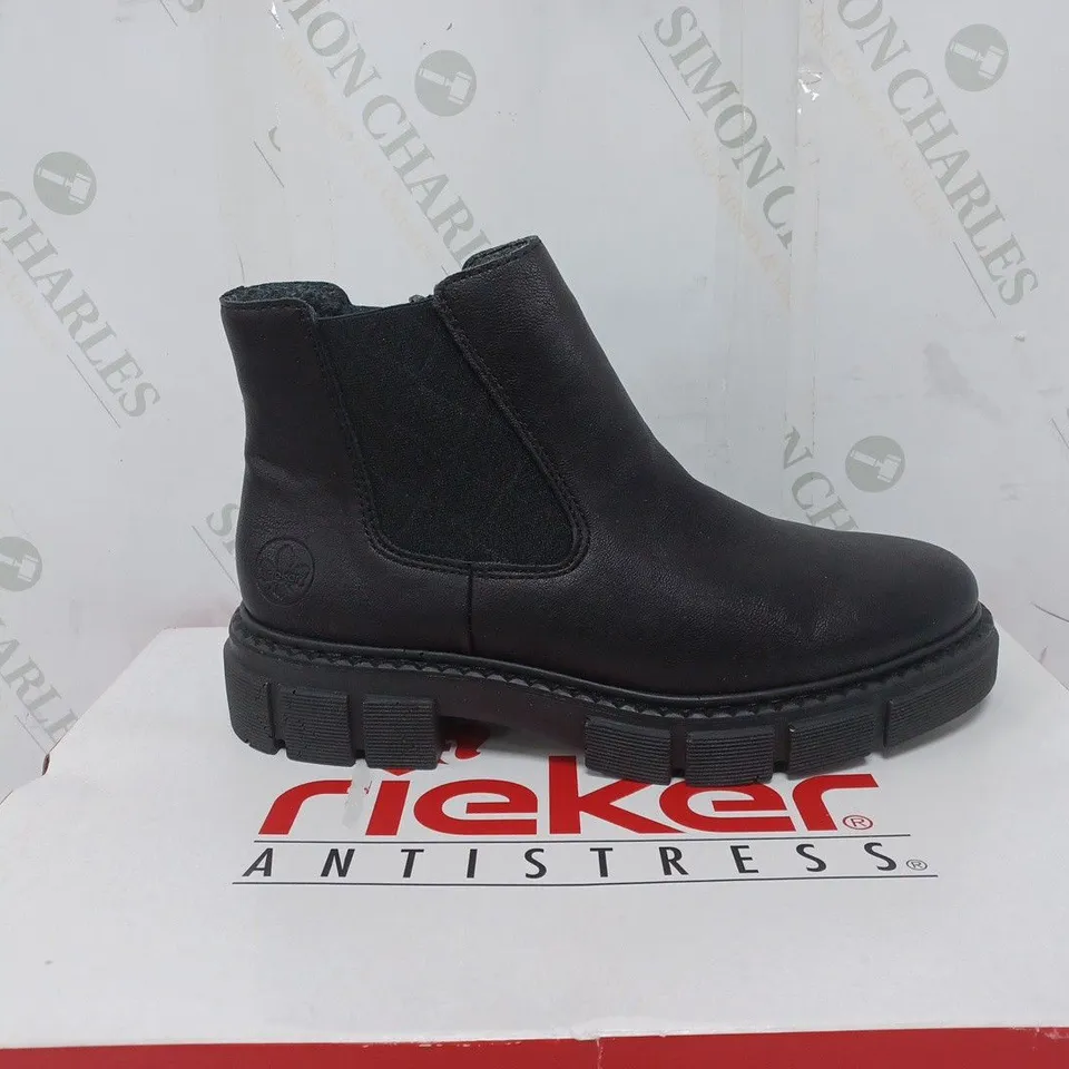 BOXED PAIR OF RIEKER CHUNKY ANKLE BOOTS IN BLACK - SIZE 6