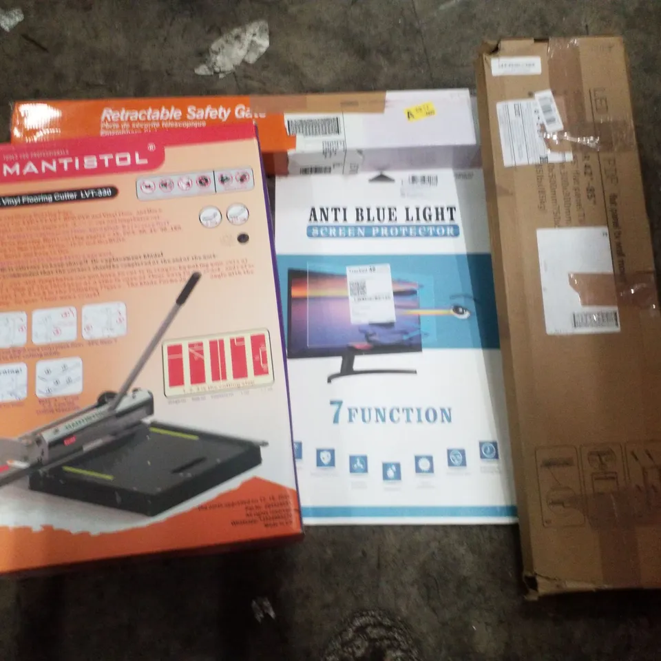 PALLET CONTAINING ASSORTED PRODUCTS INCLUDING PRO VINYL FLOORING CUTTER, ANTI BLUE LIGHT SCREEN PROTECTOR, FLAT PANEL TV WALL MOUNT & RETRACTABLE SAFTEY GATE