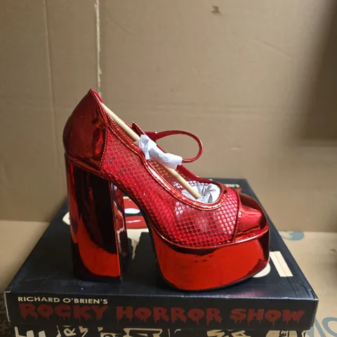 BOXED PAIR OF KOI X ROCKY HORROR SHOW REGULAR FRANKIE FAN FISHNET PLATFORM HEELS - RED, UK 3
