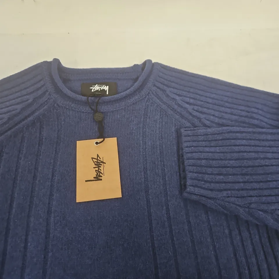 STUSSY MERINO ROLL NECK SWEATER – BLUE, MEDIUM