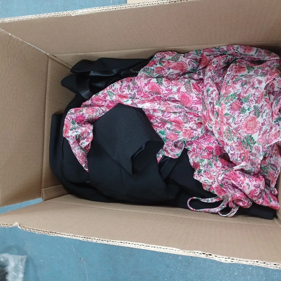 LARGE BOX OF ASSORTED CLOTHING ITEMS TOO INCLUDE TOPS , DRESSES AND BLAZERS COMING IN DIFFERENT COLOURS AND SIZES 