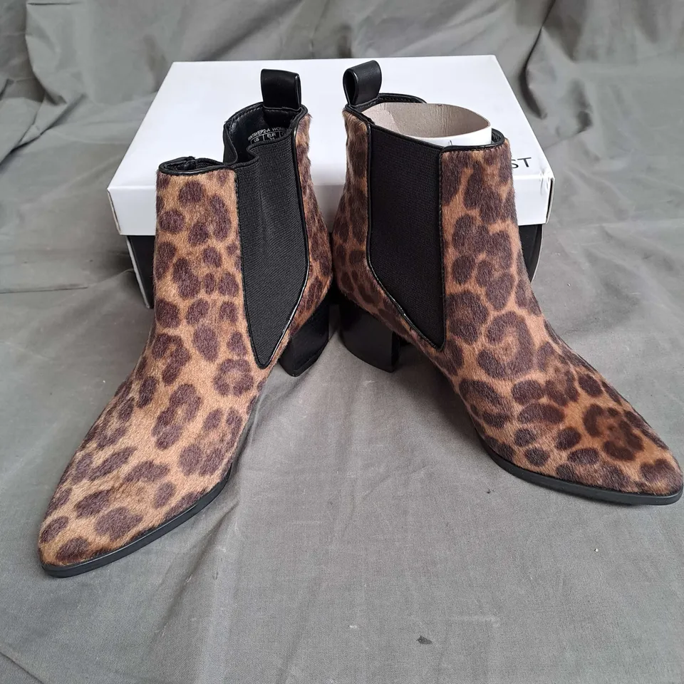 BOXED PAIR OF NINE WEST SYNTHETIC ANKLE BOOTS IN LEOPARD SIZE EU 35