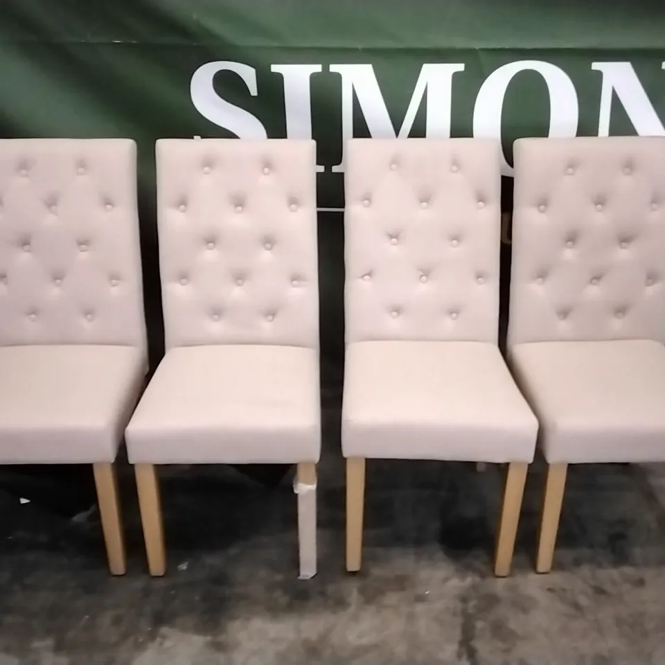 4 CREAM FABRIC BUTTONBACK DINING CHAIRS WITH WOODEN LEGS