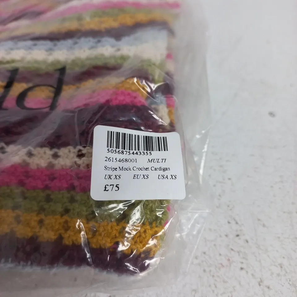 UK XS NOBODY'S CHILD STRIPE MOCK CROCHET CARDIGAN