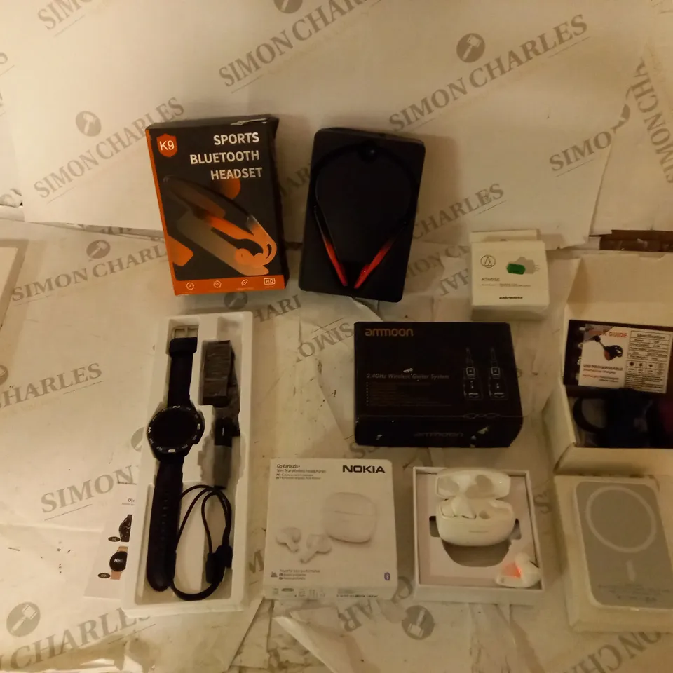 BOXED ASSORTMENT OF 5 ELECTRONICS PRODUCTS TO INCLUDE NOKIA EARBUDS, POWER BAMK, SMART WATCH, ETC