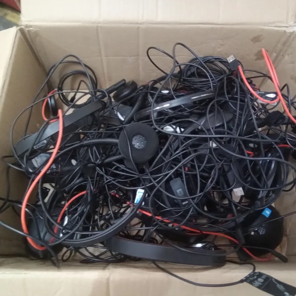 BOX OF ASSORTED HEADSETS & COMPUTER MICE