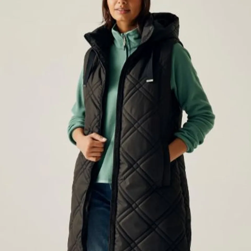 REGATTA WOMEN'S LONG HOODED SLEEVELESS PUFFER JACKET RURIETTA BLACK SIZE 8