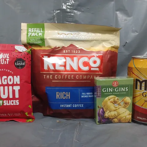APPROXIMATELY 10 ASSORTED FOOD AND DRINK ITEMS TO INCLUDE MALTA NON ALCOHOLIC GUINNESS, DRAGON FRUIT SLICES, GIN-GINS, ETC - COLLECTION ONLY