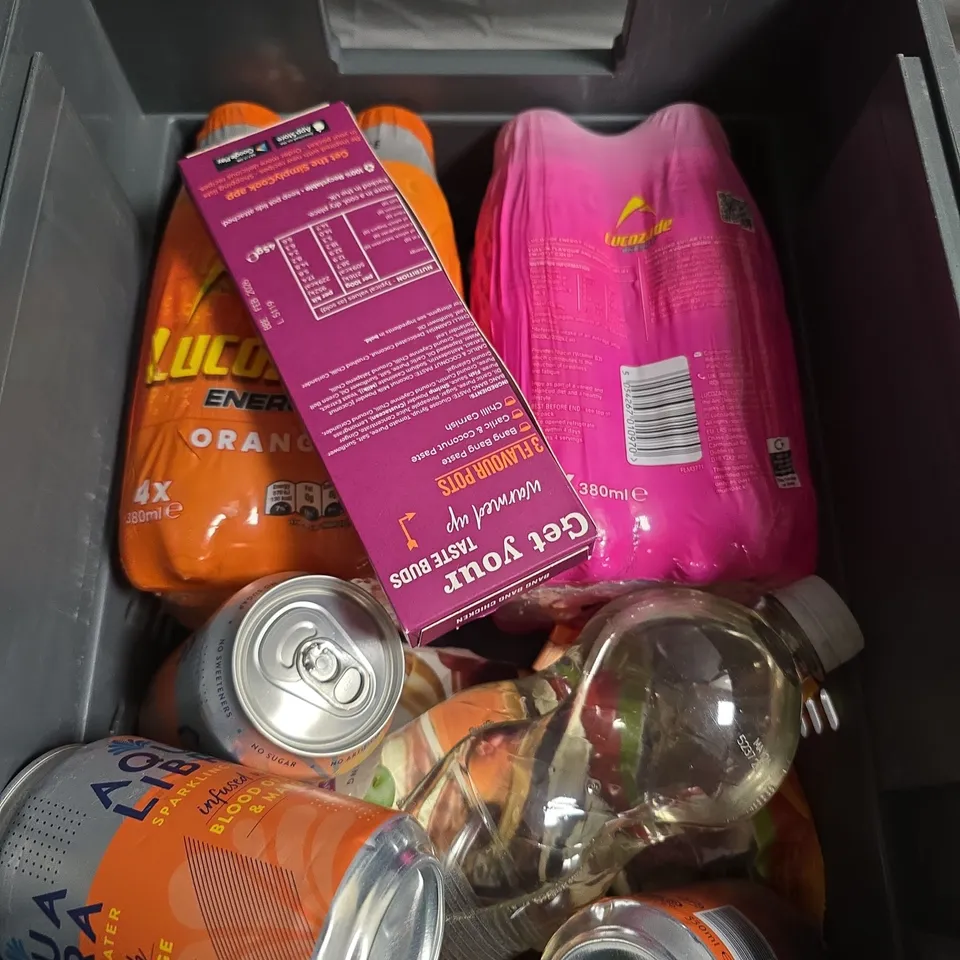 APPROXIMATELY 10 ASSORTED FOOD/DRINK PRODUCTS TO INCLUDE LUCOZADE, HARIBO, SIMPLY COOK SEASONING ETC 