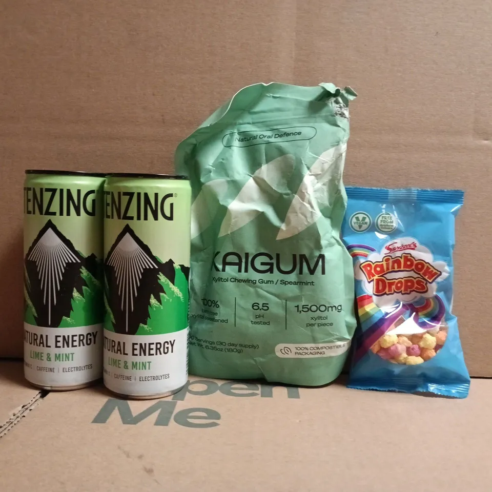 APPROXIMATELY 10 ASSORTED FOOD AND DRINK ITEMS TO INCLUDE RAINBOW DROPS, TENZING, ETC