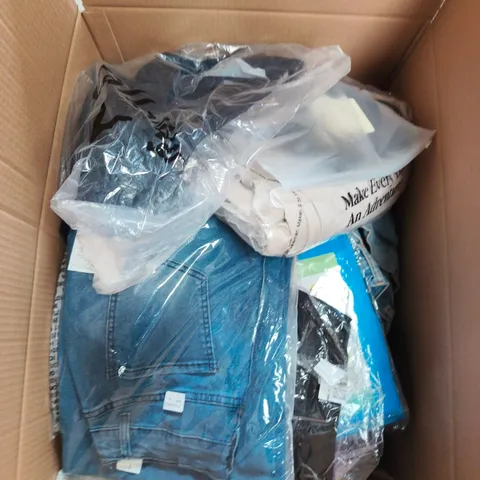 LARGE BOX OF APPROXIMATELY 25 ASSORTED CLOTHING ITEMS IN VARIOUS COLOURS, STYLES AND SIZES - COLLECTION ONLY