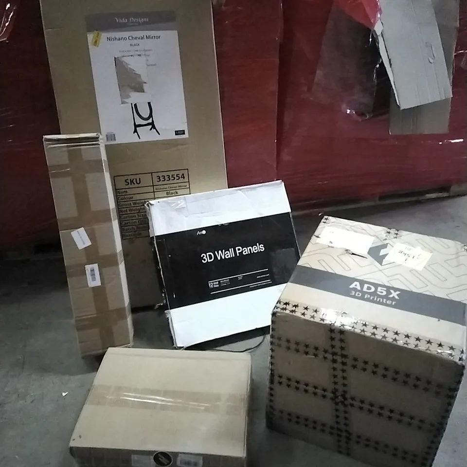 PALLET OF HOUSEHOLD ITEMS TO INCLUDE MIRROR, BED CANOPY, 3D WALL PANELS,WARDROBE, 3D PRINTER AND OTHER ASSORTED ITEMS...