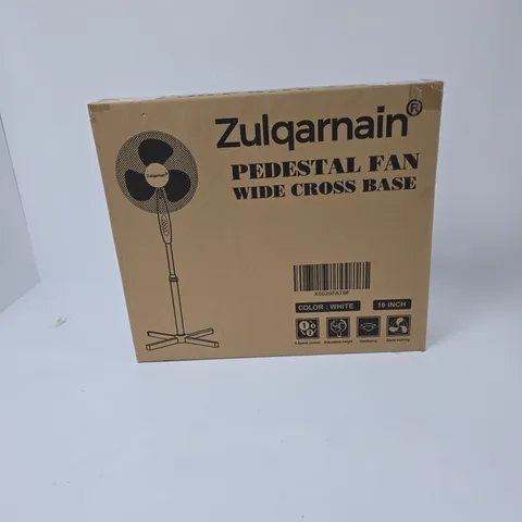 ZULQARNAIN PEDESTAL FAN – 16 INCH, WHITE, WIDE CROSS BASE, BOXED