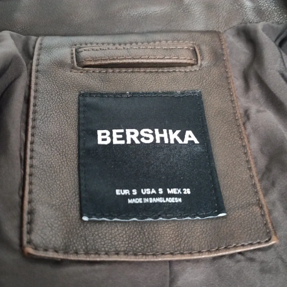 BERSHKA LEATHER BOMBER JACKET – BROWN - UK 8 (EU S)