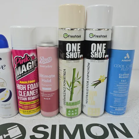 APPROXIMATELY 15 ASSORTED AEROSOLS TO INCLUDE DOVE , PINK MAGIC AND CLIPPER SPRAY 