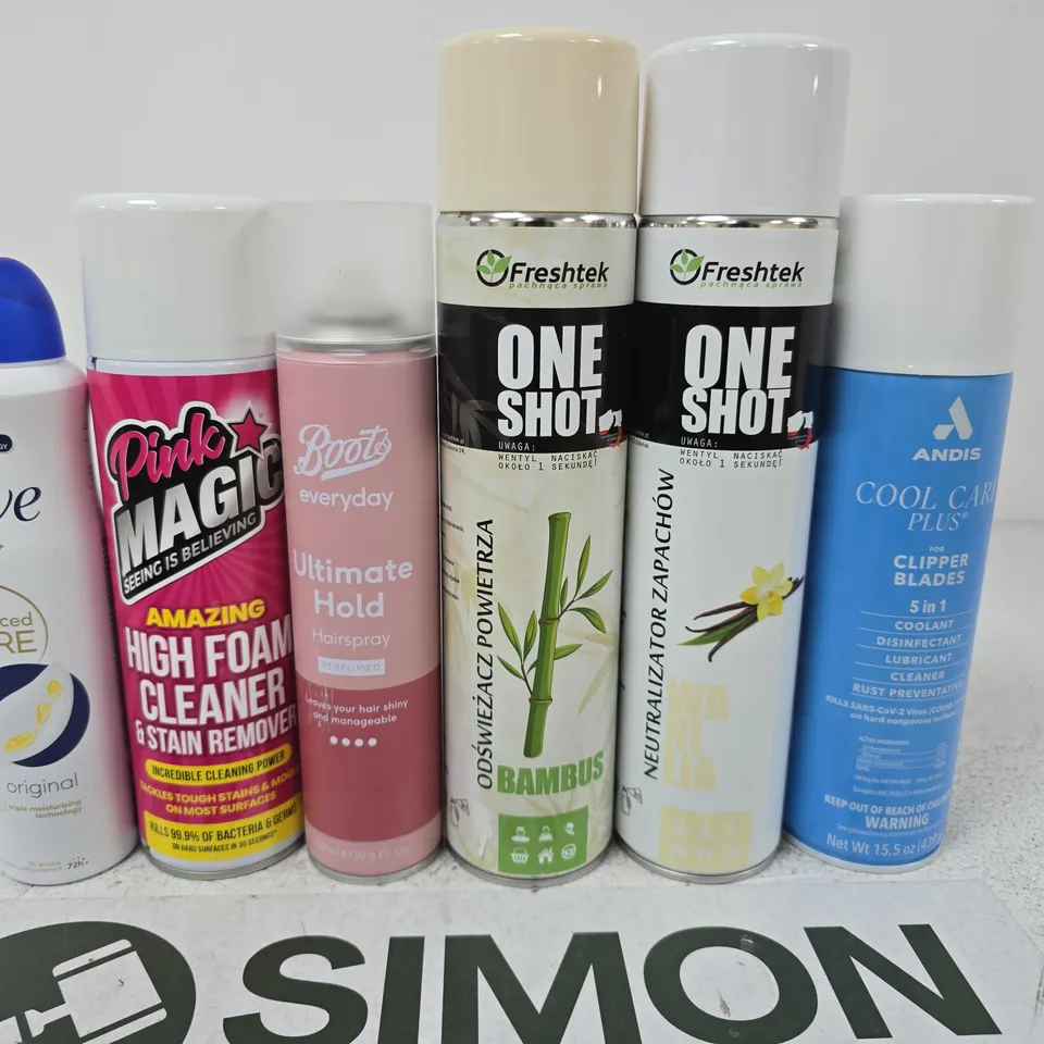 APPROXIMATELY 15 ASSORTED AEROSOLS TO INCLUDE DOVE , PINK MAGIC AND CLIPPER SPRAY 