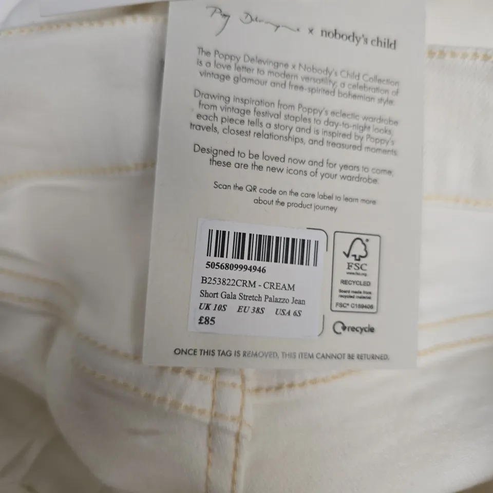 NOBODY'S CHILD X POPPY DELEVINGNE SHORT GALA STRETCH PALAZZO JEAN - CREAM, UK 10S