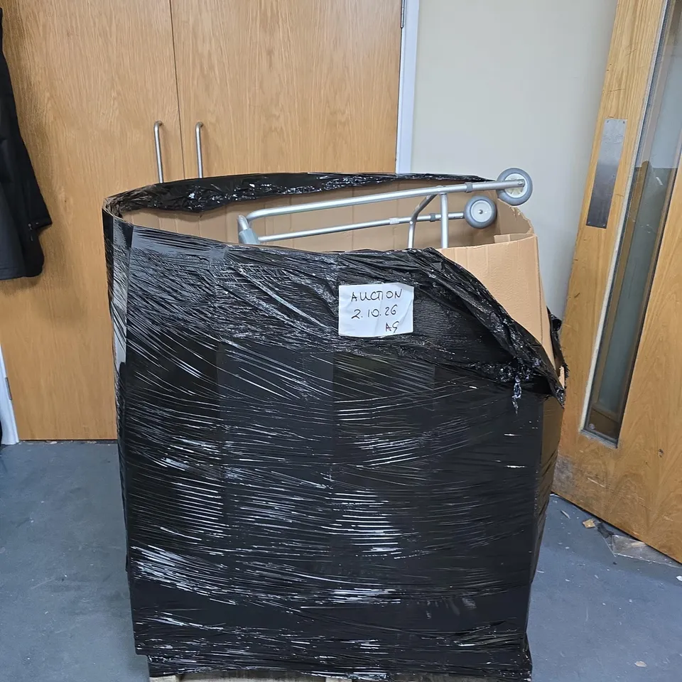 PALLET OF APPROX 50 ASSORTED ITEMS TO INCLUDE CLOTHING ITEMS , VIMMER FRAME AND STORAGE BOXES 