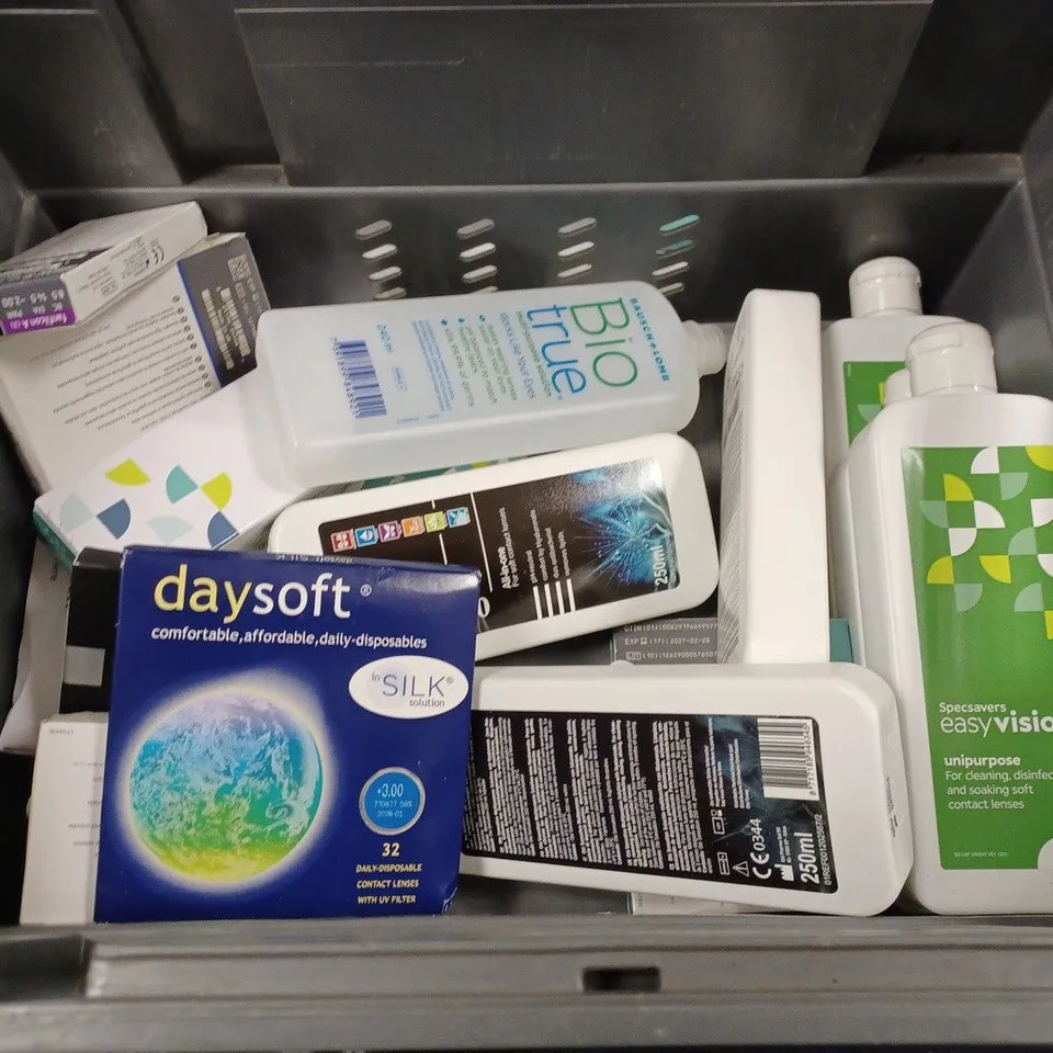 BOX TO CONTAIN APPROX. 20 X ASSORTED VISON CARE PRODUCTS. INCLUDES CONTACT LENSES AND CLEANING SOLUTION. BRANDS VARY - COLLECTION ONLY