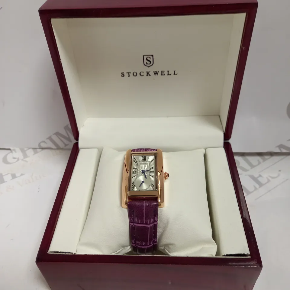 LADIES STOCKWELL WATCH – TEXTURED DIAL WITH SUB DIAL MINUTE HAND – PURPLE LEATHER STRAP.