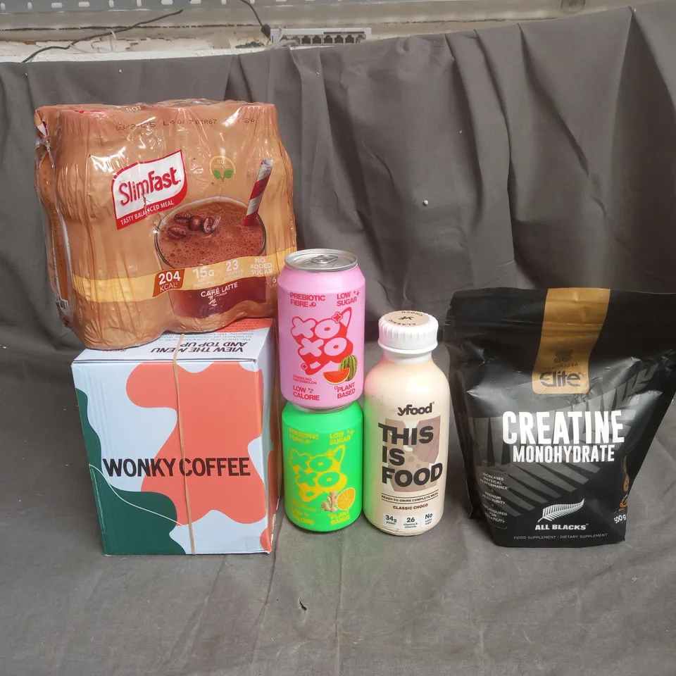 APPROXIMATELY 5 ASSORTED FOOD AND DRINK ITEMS TO INCLUDE SLIMFAST, WONKY COFFEE AND CREATINE - COLLECTION ONLY