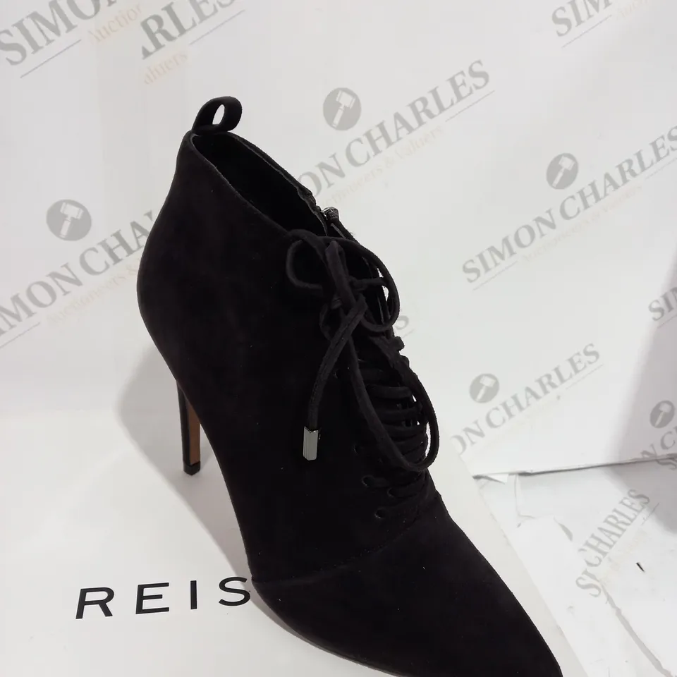 BOXED REISS SUEDE CHOCOLATE BOOT HEELS - SIZE 5