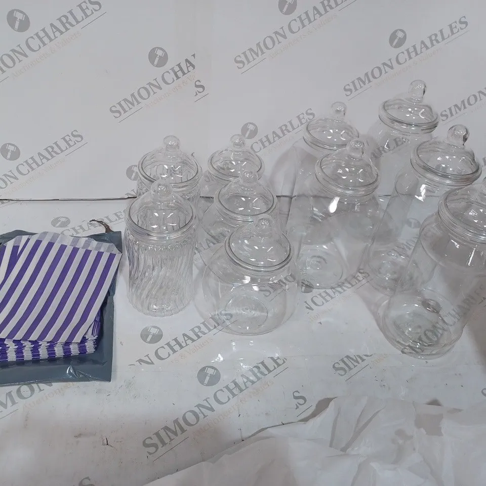 BOX OF ASSORTED PLASTIC SWEET JARS AND SMALL PAPER BAGS