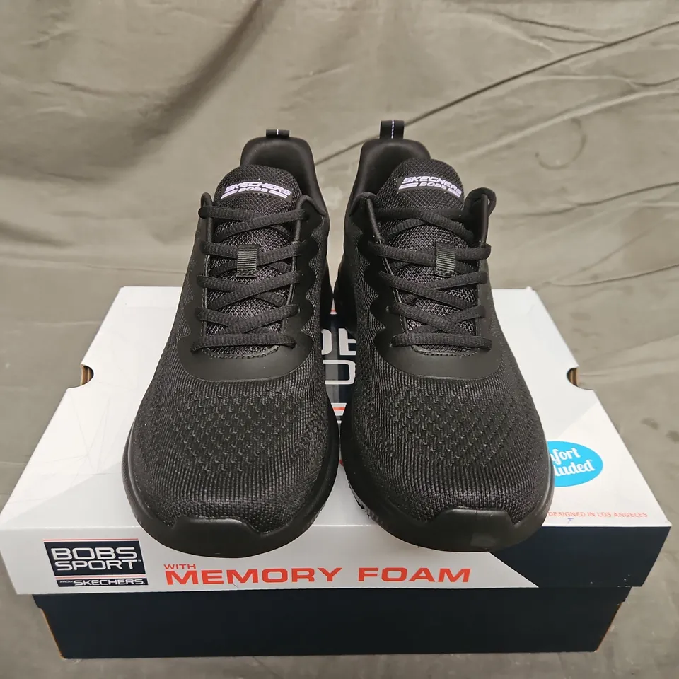 BOXED PAIR OF SKECHERS BOBS SPORT BLACK TRAINERS -  SIZE 7
