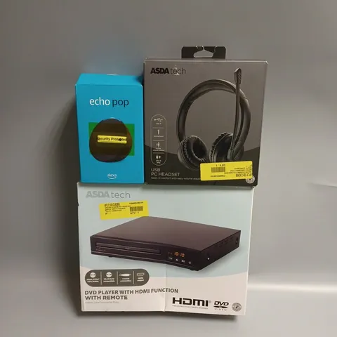 APPROXIMATELY 20 ASSORTED TECH PRODUCTS TO INCLUDE USB PC HEADSET, ECHO POP, DVD PLAYER