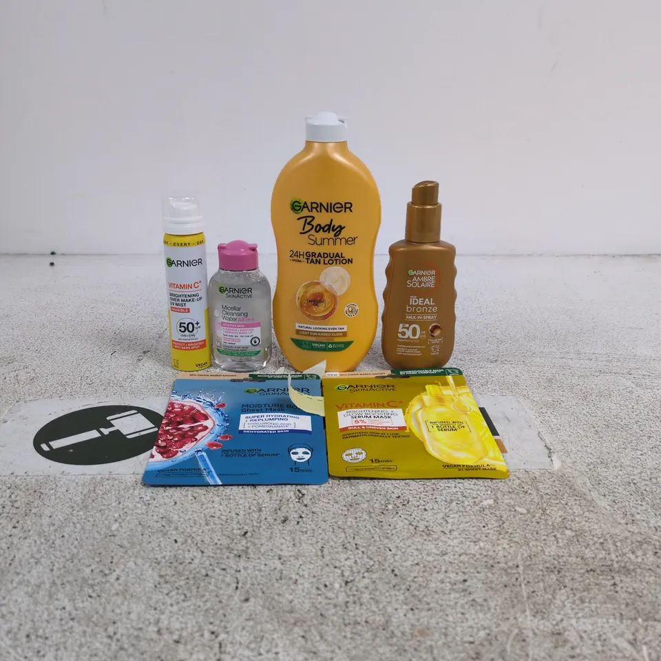 SET OF 6 GARNIER ITEMS TO INCLUDE GRADUAL TAN LOTION, BRIGHTENING OVER MAKE UP UV MIST ETC