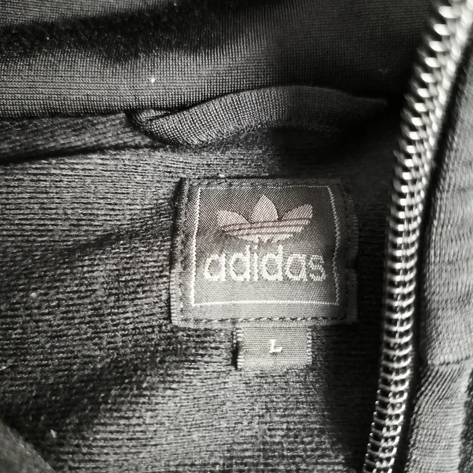 ADIDAS TRACK JACKET – BLACK WITH WHITE STRIPES, SIZE L
