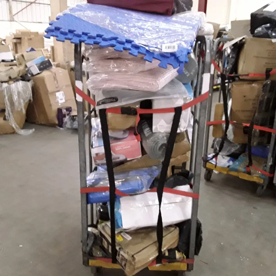 CAGE TO CONTAIN AN ASSORTMENT OF HOUSEHOLD ITEMS TO INCLUDE FOAM ROLLERS, BATH MATS, HANGERS AND EXERCISE MATS ECT