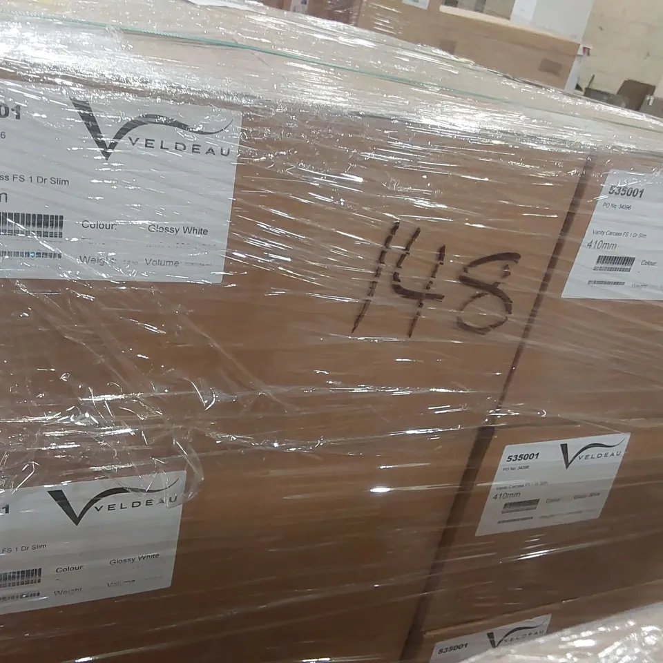 PALLET CONTAINING A LARGE QUANTITY OF ASSORTED BATHROOM FURNITURE PARTS INCLUDING: VELDEAU VANITY CARCASSES ECT