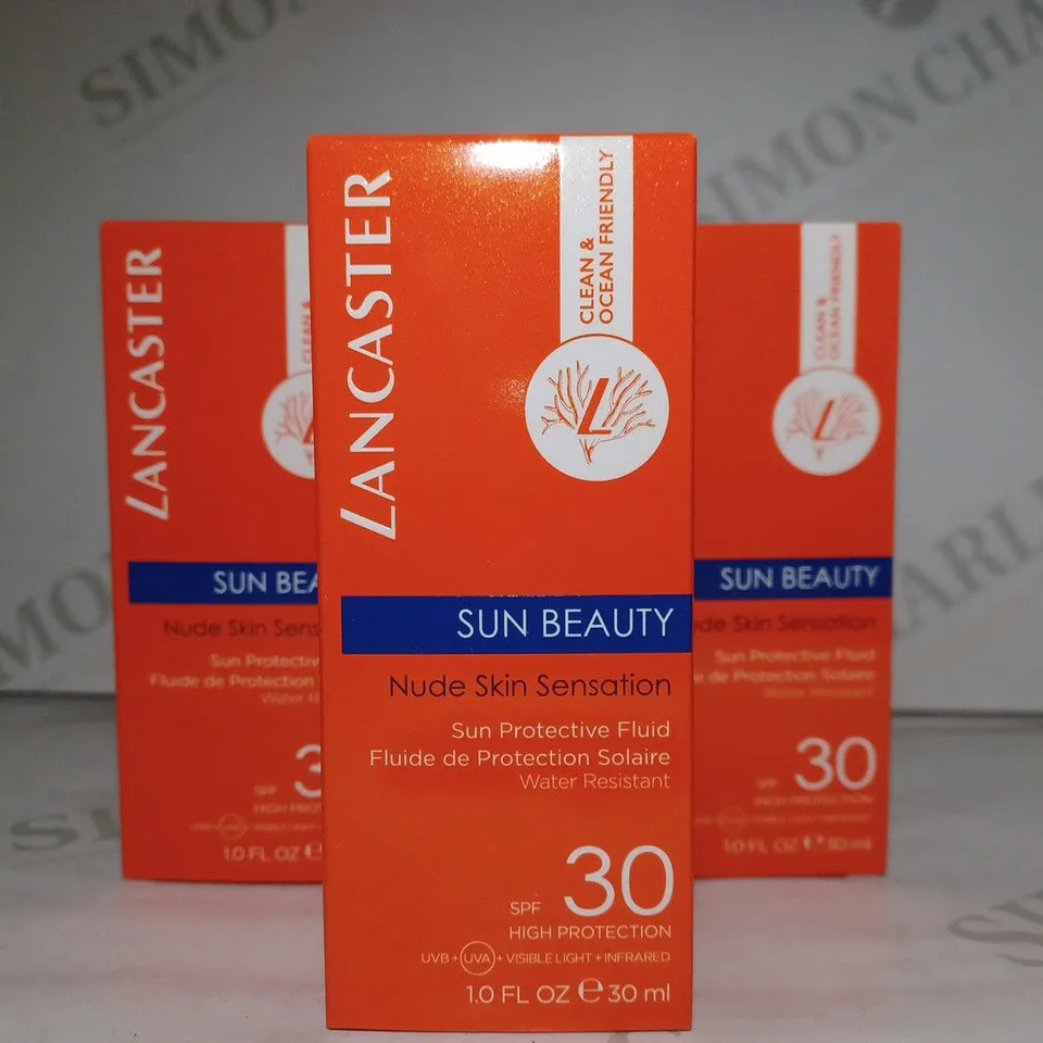 LOT OF 3 X 30ML LANCASTER SUN BEAUTY NUDE SKIN SENSATION SUN PROTECTIVE FLUID SPF30