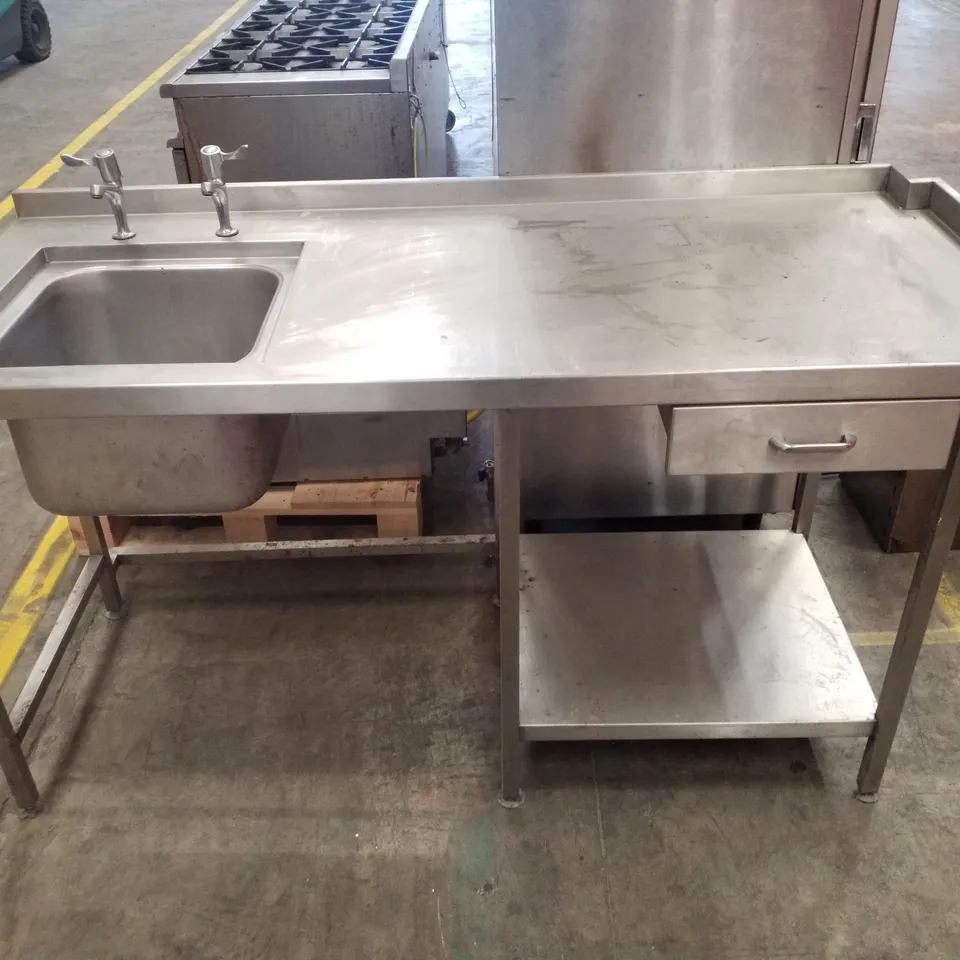 STAINLESS STEEL WALL BENCH C/W INSET BOWL AND DRAWER